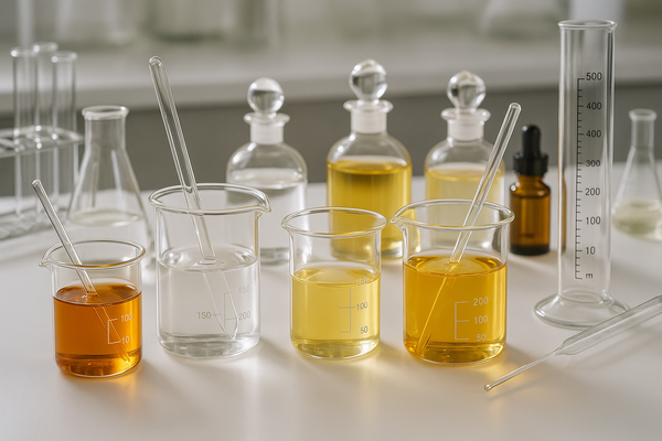 Image of perfume accords being mixed but no person in the image just glass beakers of the raw materials to make perfume 